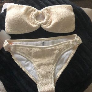 Women Bandeau Bikini Set Off Shoulder Ring Strapless Crinkle Fabric Swimsuits👙